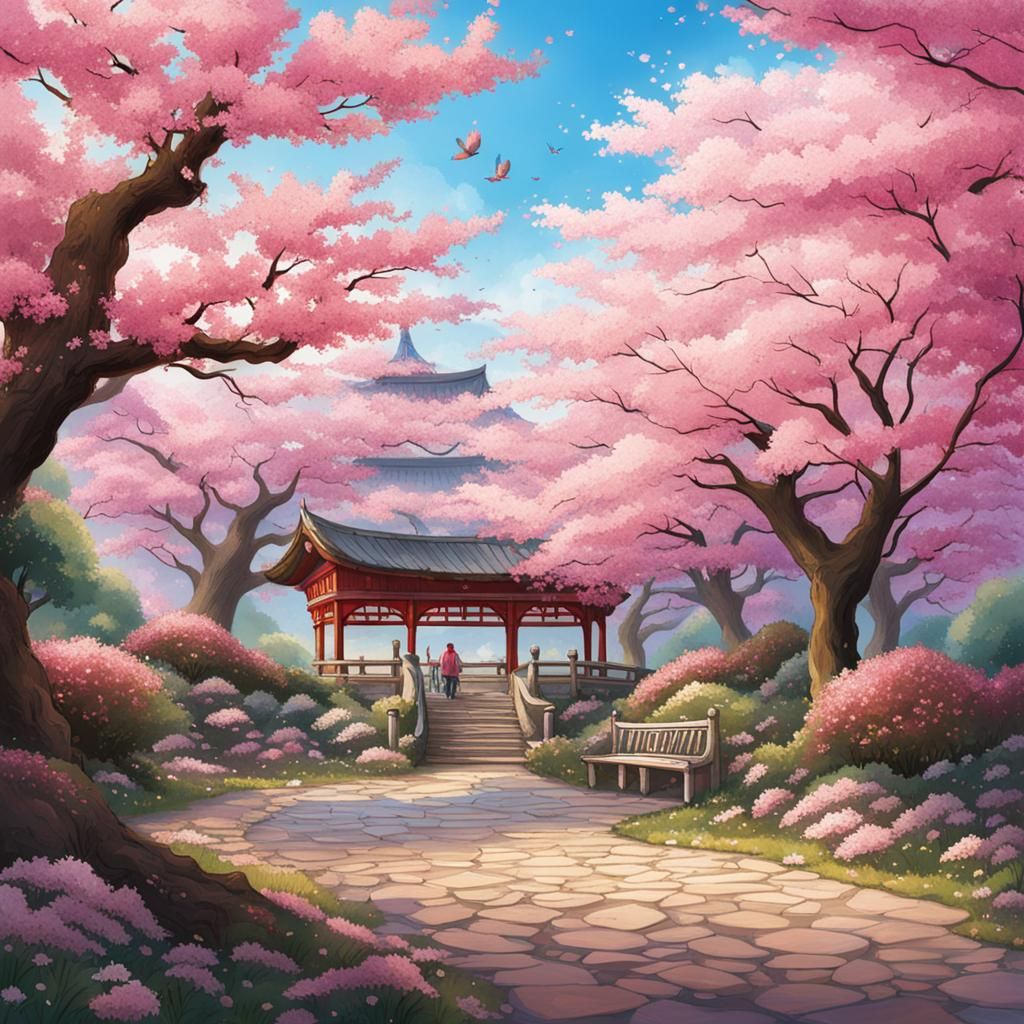 Serene Cherry Blossom Garden in Bloom