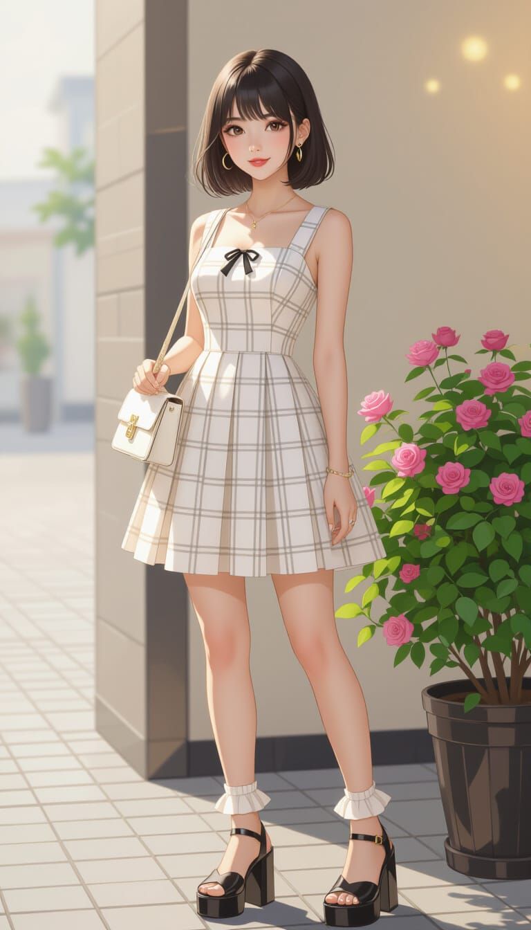 Fashion Sketch of Woman in Retro Checkered Dress