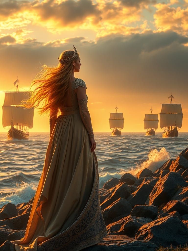 Woman with Crown Observes Viking Ships at Sunset