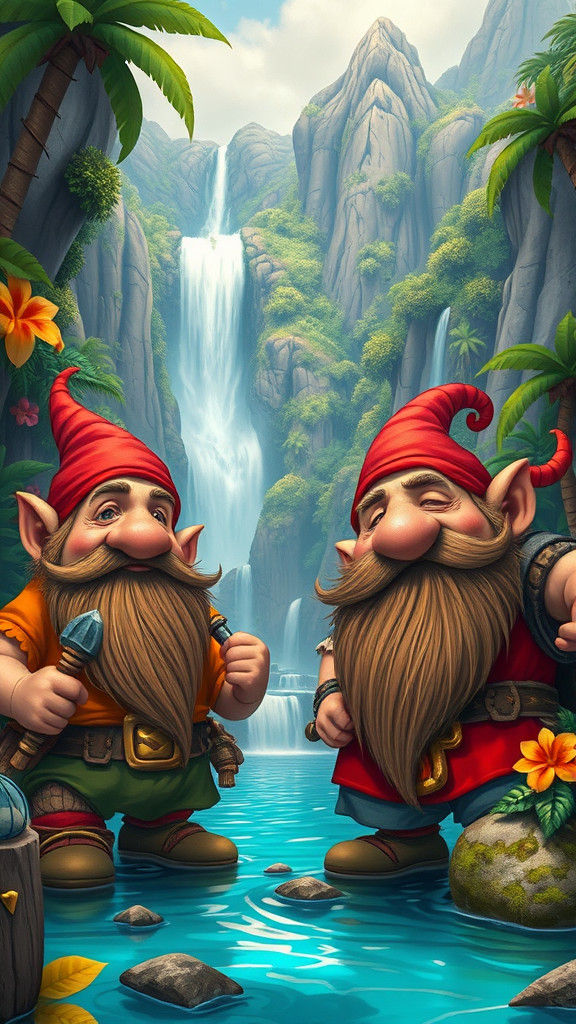 Dwarf Folk in Island Paradise: Whimsical Fantasy Art
