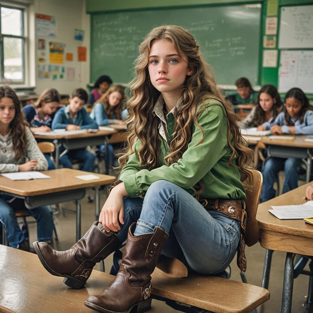 Girl with Wavy Hair and Cowboy Boots in Classroom