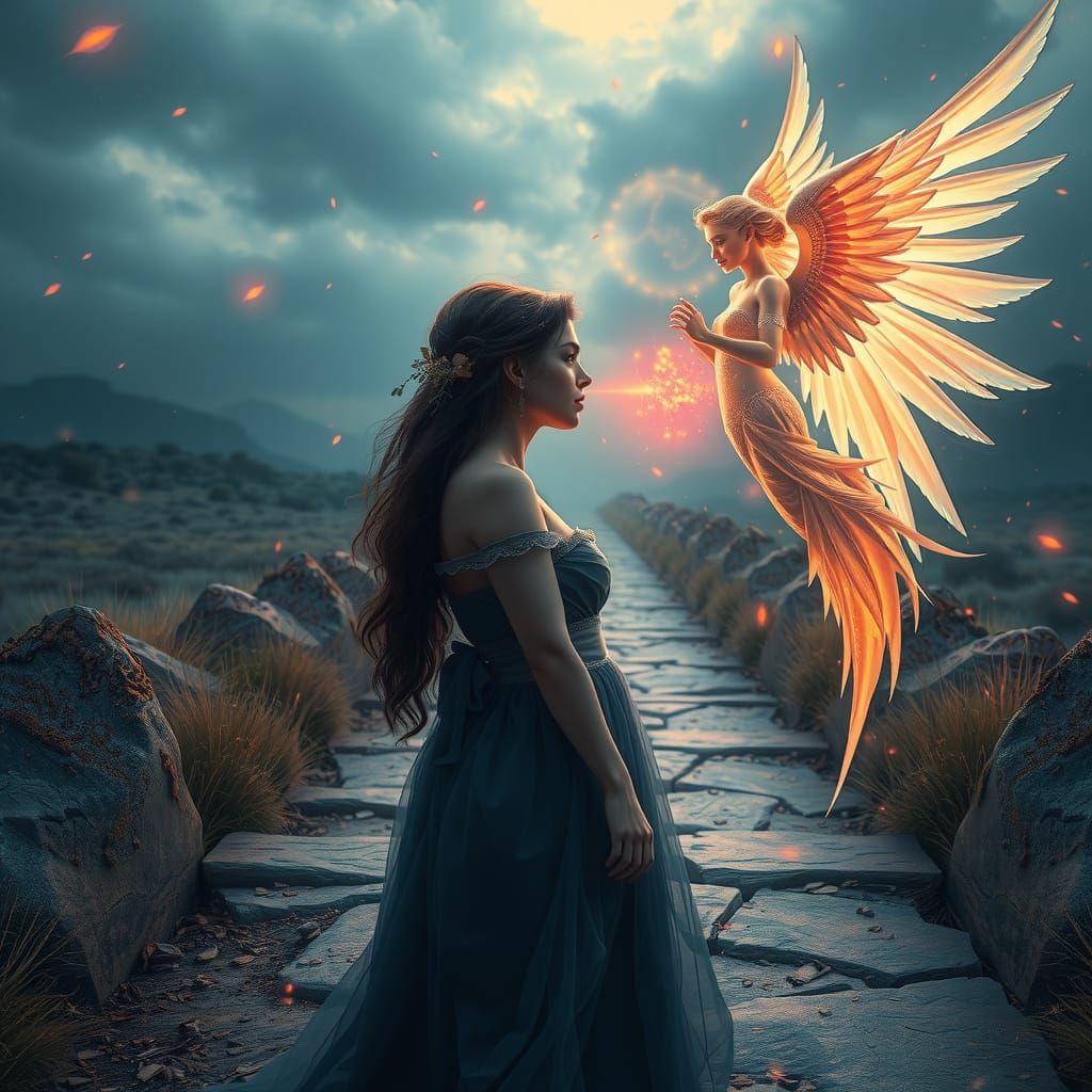 Woman at Crossroads Guided by Angel: Matte Painting