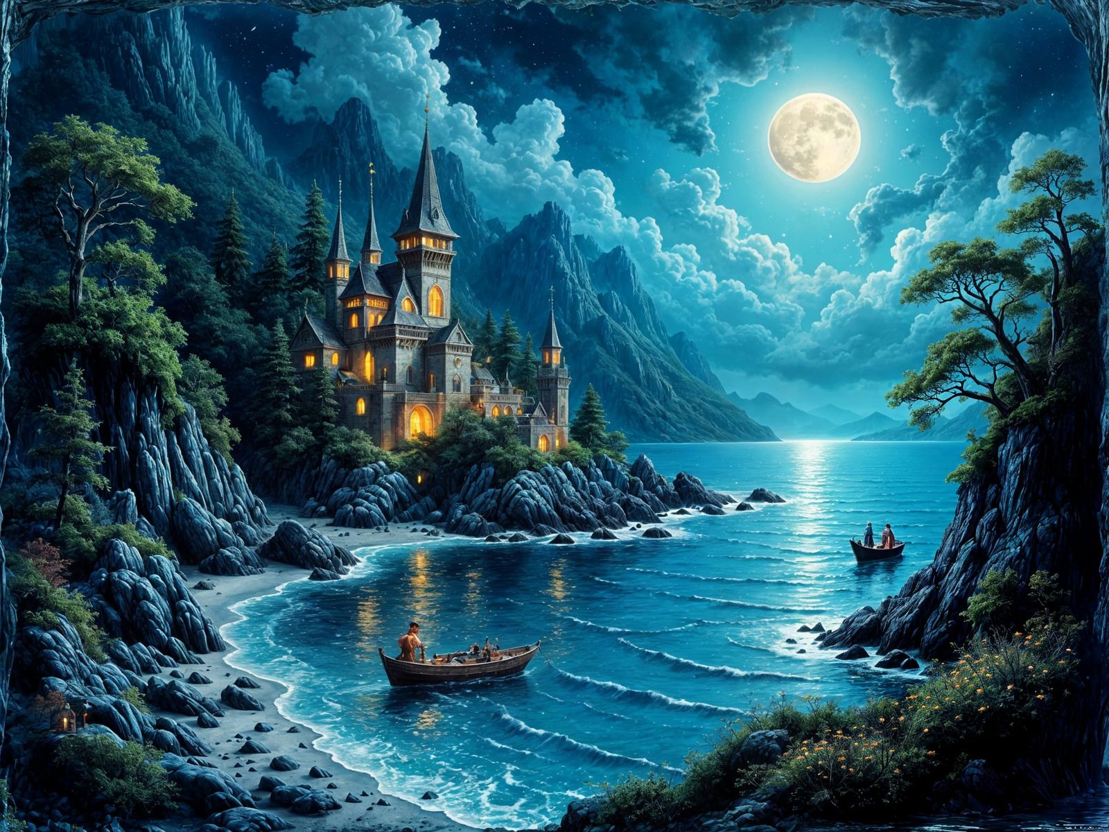 Bioluminescent Port City in Moonlit Cove