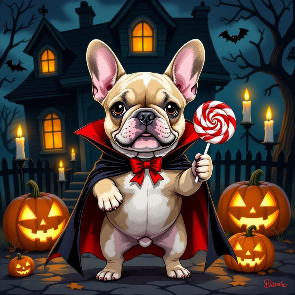 French Bulldog Vampire with Bat Lollipop in Haunted House