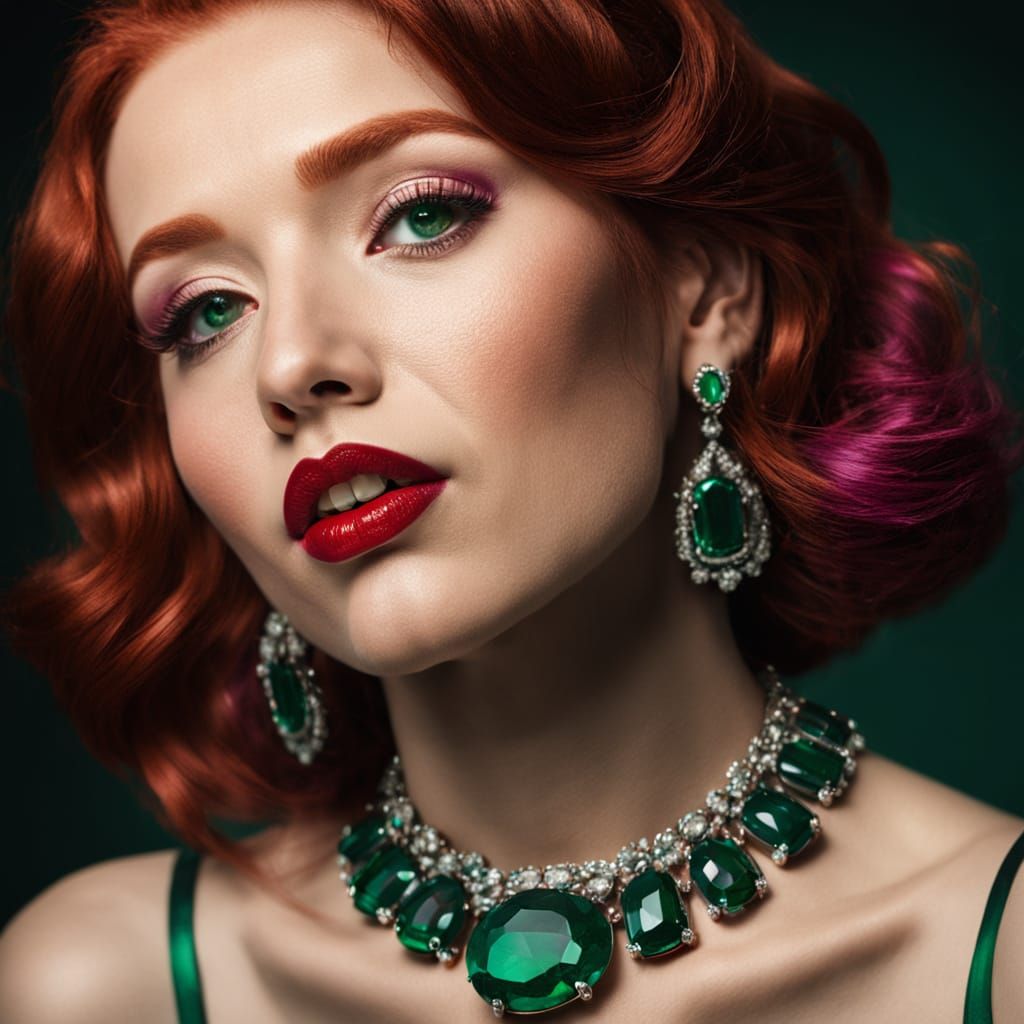 Elegant Emerald: A Close-Up Portrait with Red Accents
