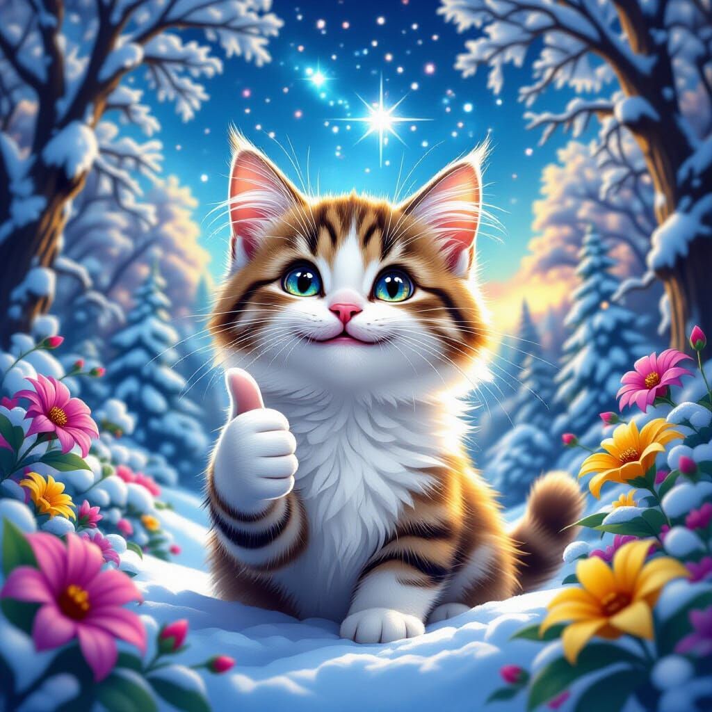 Cute Smiling Cat with Starry Sky Reflection