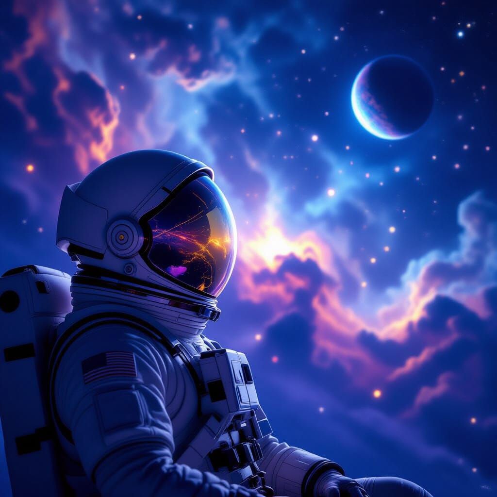 Astronaut Adrift in Nebula Reflecting Distant Planet