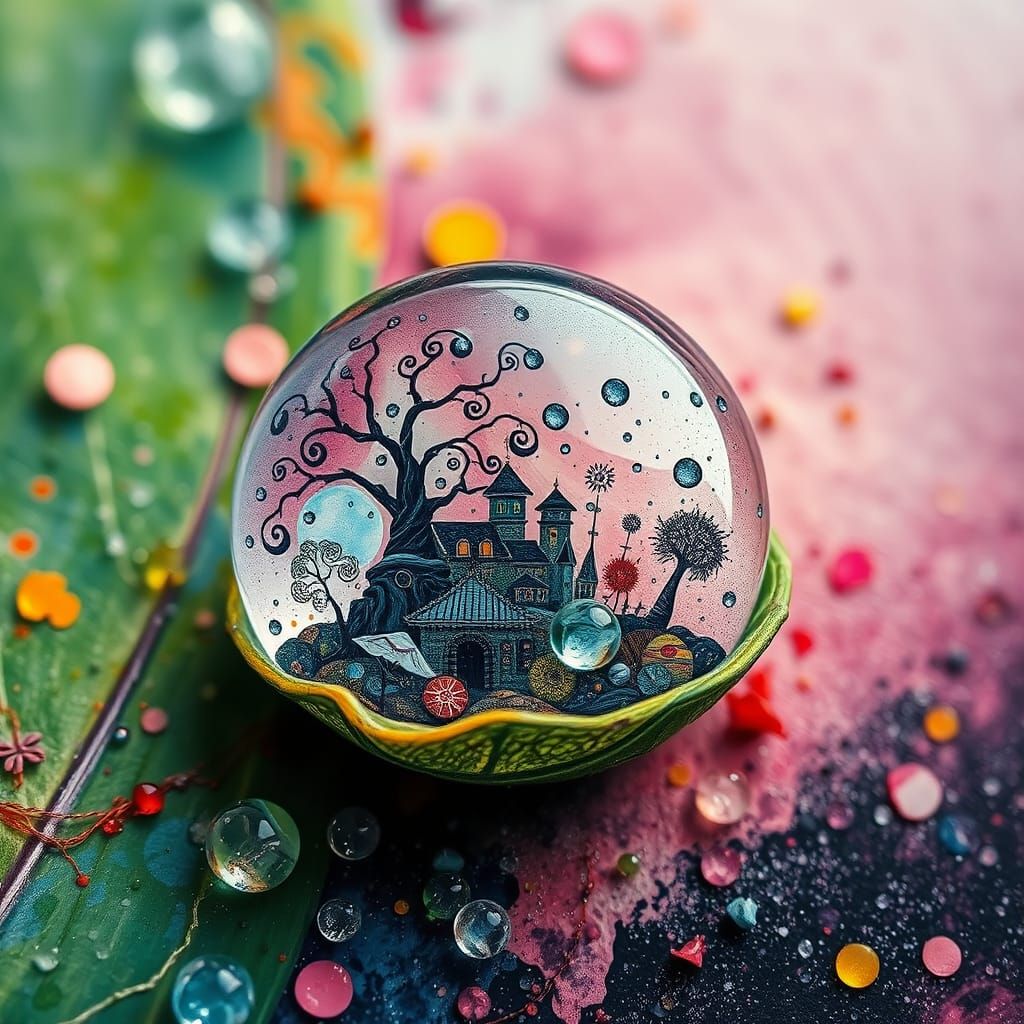 Whimsical Microcosm on a Dewdrop Leaf