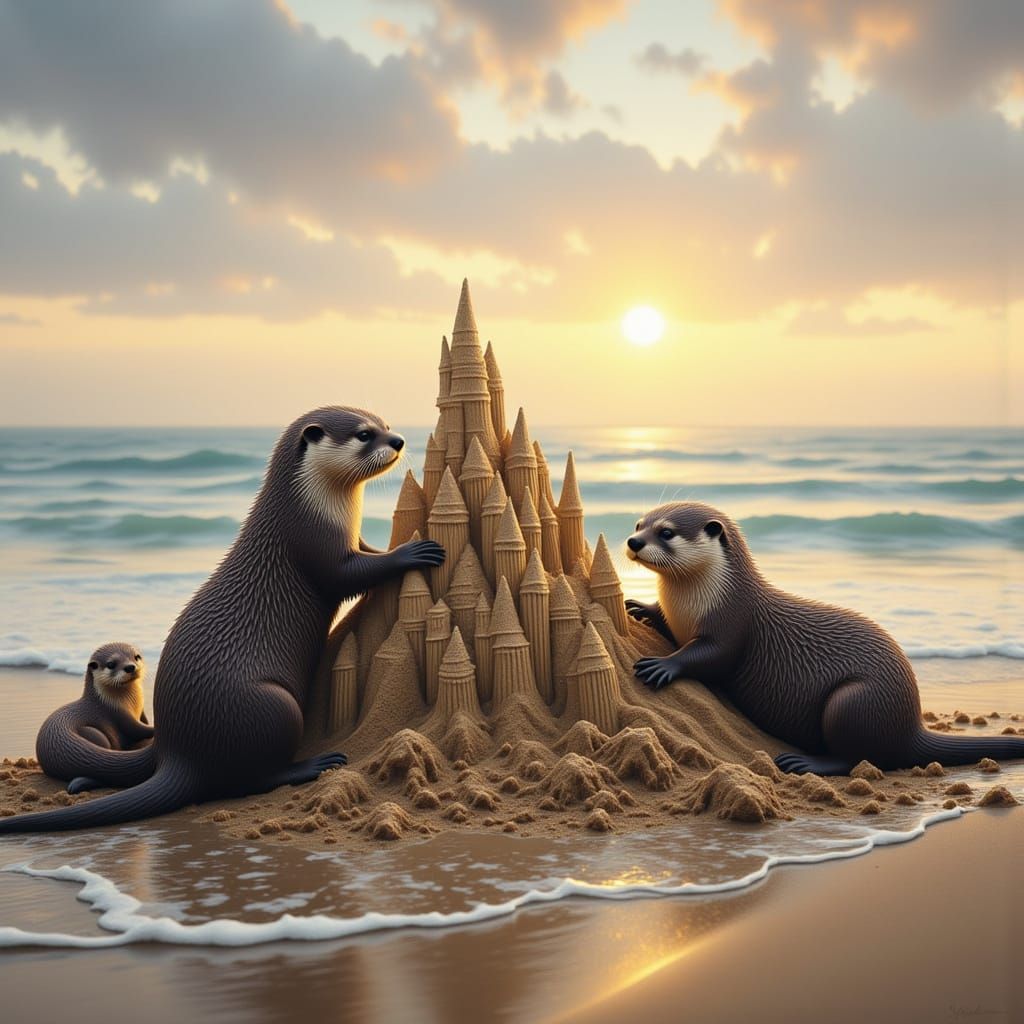Otter Family Builds Sandcastle on Beach at Dawn
