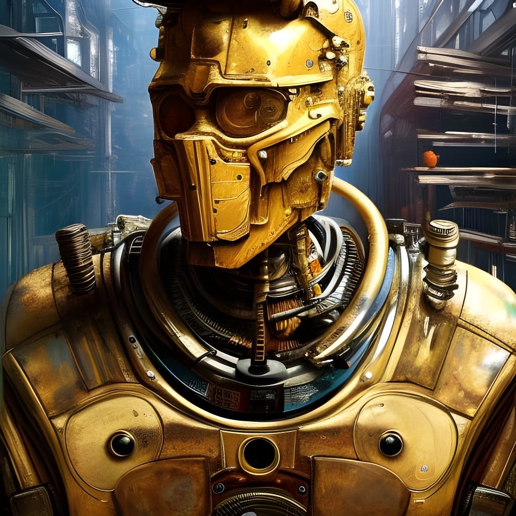 Golden Tattooed Robot Portrait in Coolpunk Style