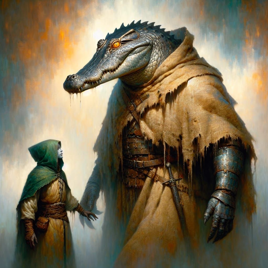 Alligator Warrior Confronts Elf Rogue in Misty Realm