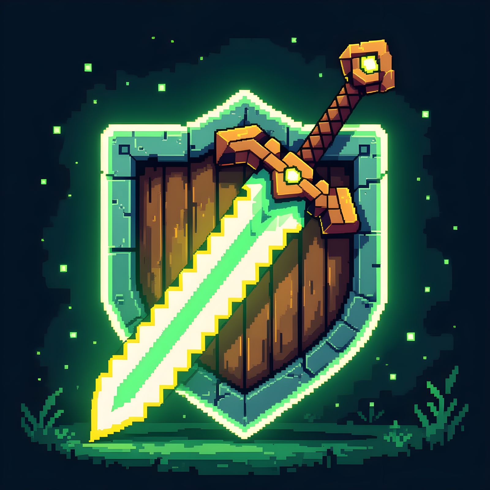 Neon Pixel Art Sword and Shield Icon