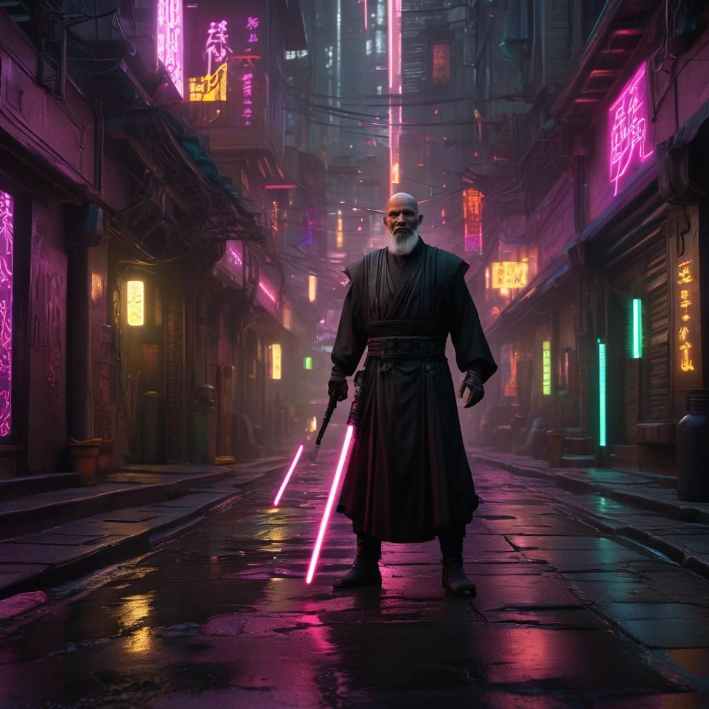 Cyberpunk Jedi Knight Illuminates Oriental Alley