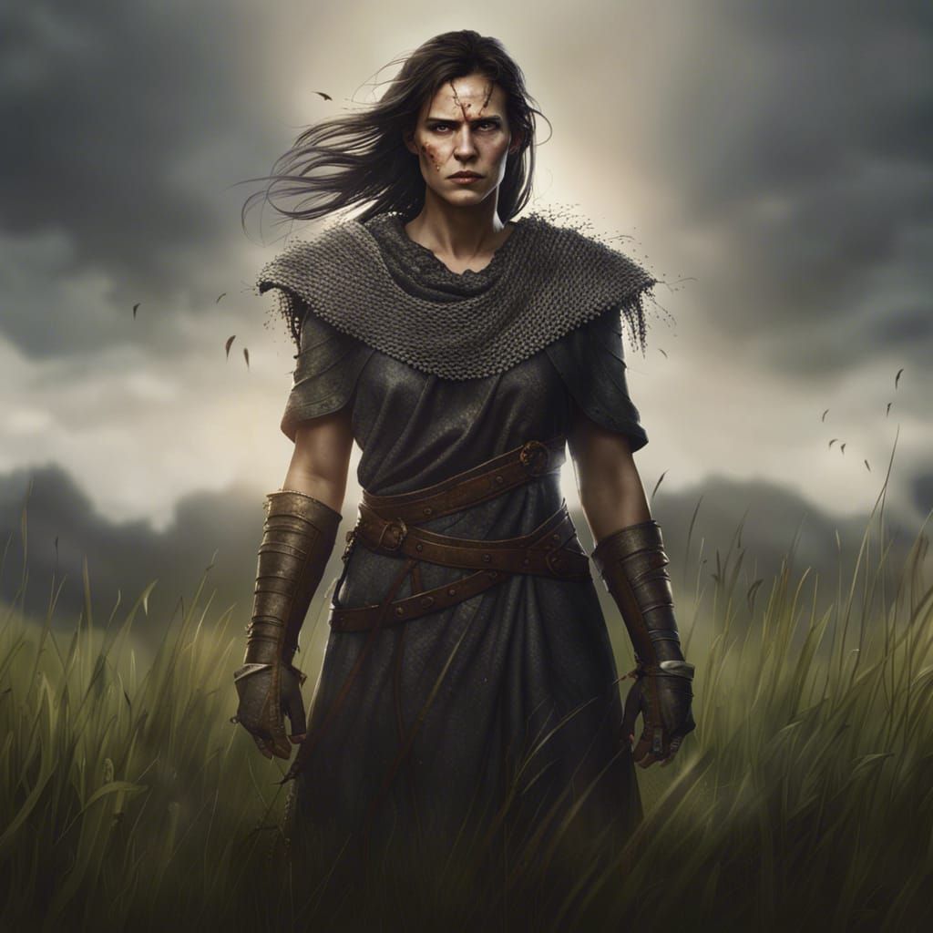 Strong Woman Warrior Portrait in Grassy Field