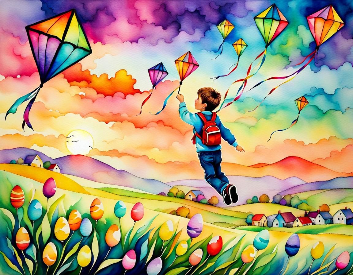 Easter Kite Flying at Dawn: Whimsical Watercolor Art