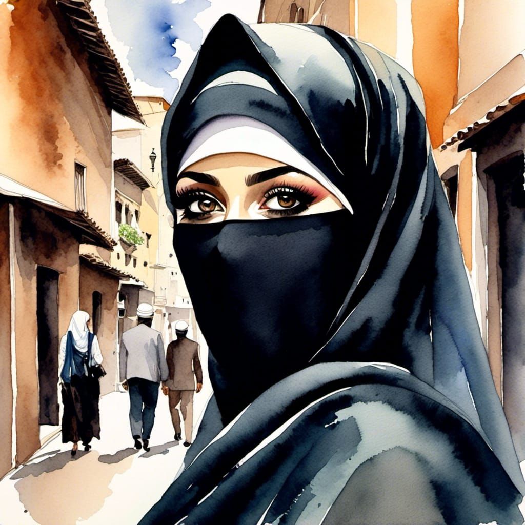 Beautiful Niqabi Woman Portrait in Watercolor Style