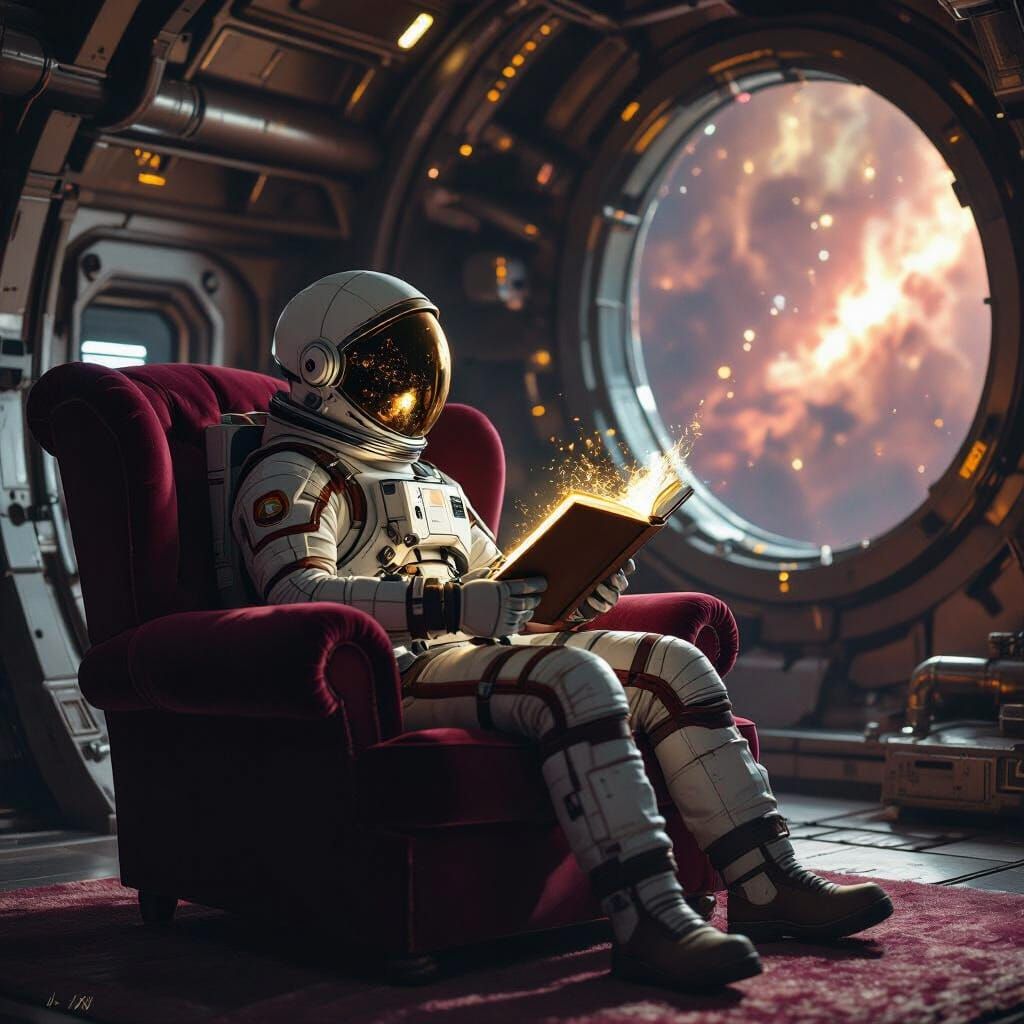 Astronaut Reading Holographic Book in Spaceship