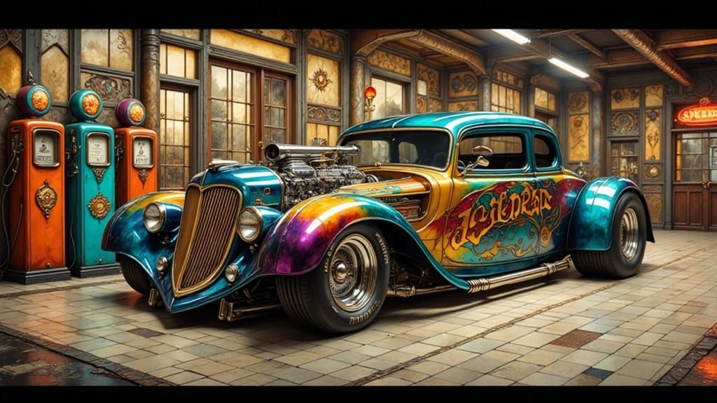 Custom Car at Gas Station in Hyperrealistic Style