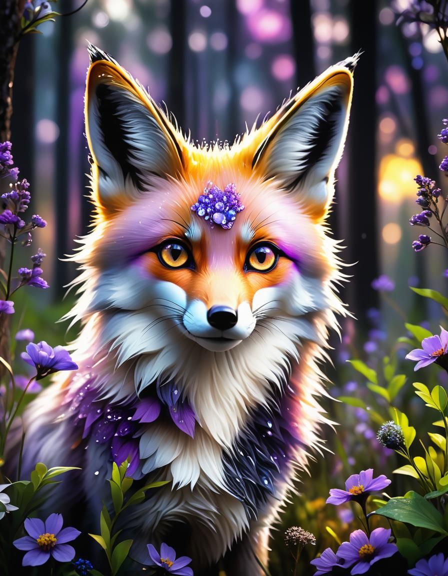 Purple Fire Fox Portrait in 3D Realistic Style