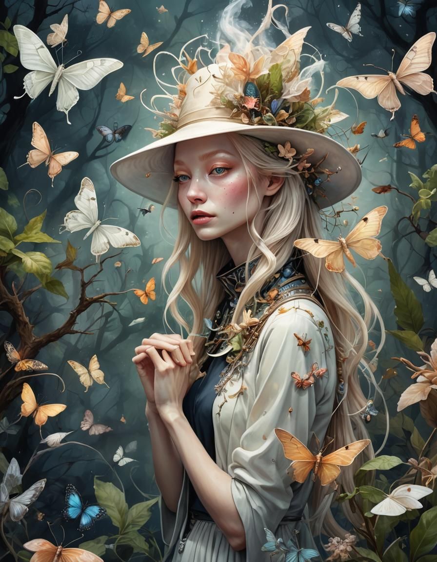 Mystical Forest Scene: Girl and Praying Mantis