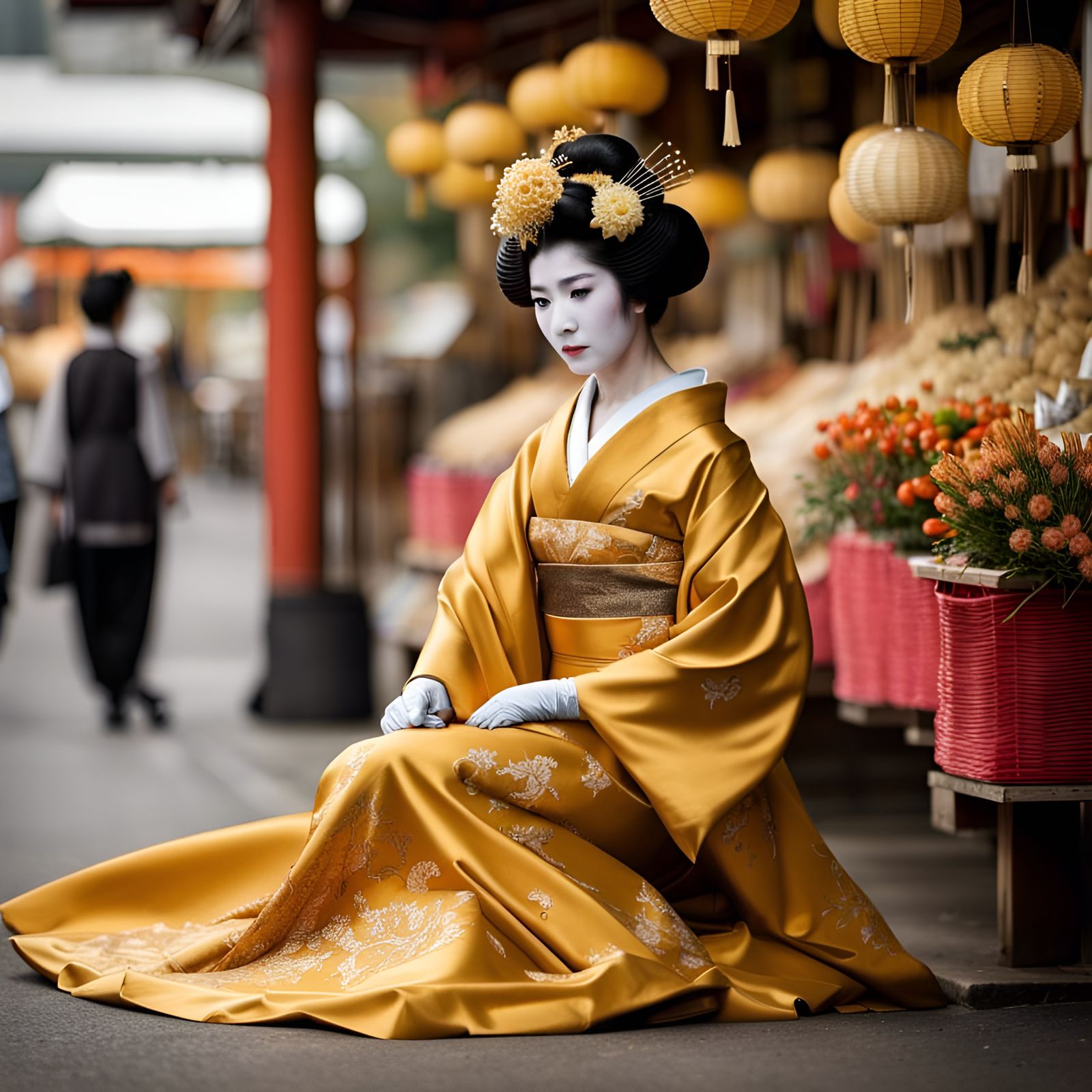Geisha in Golden Gown at Flower Market
