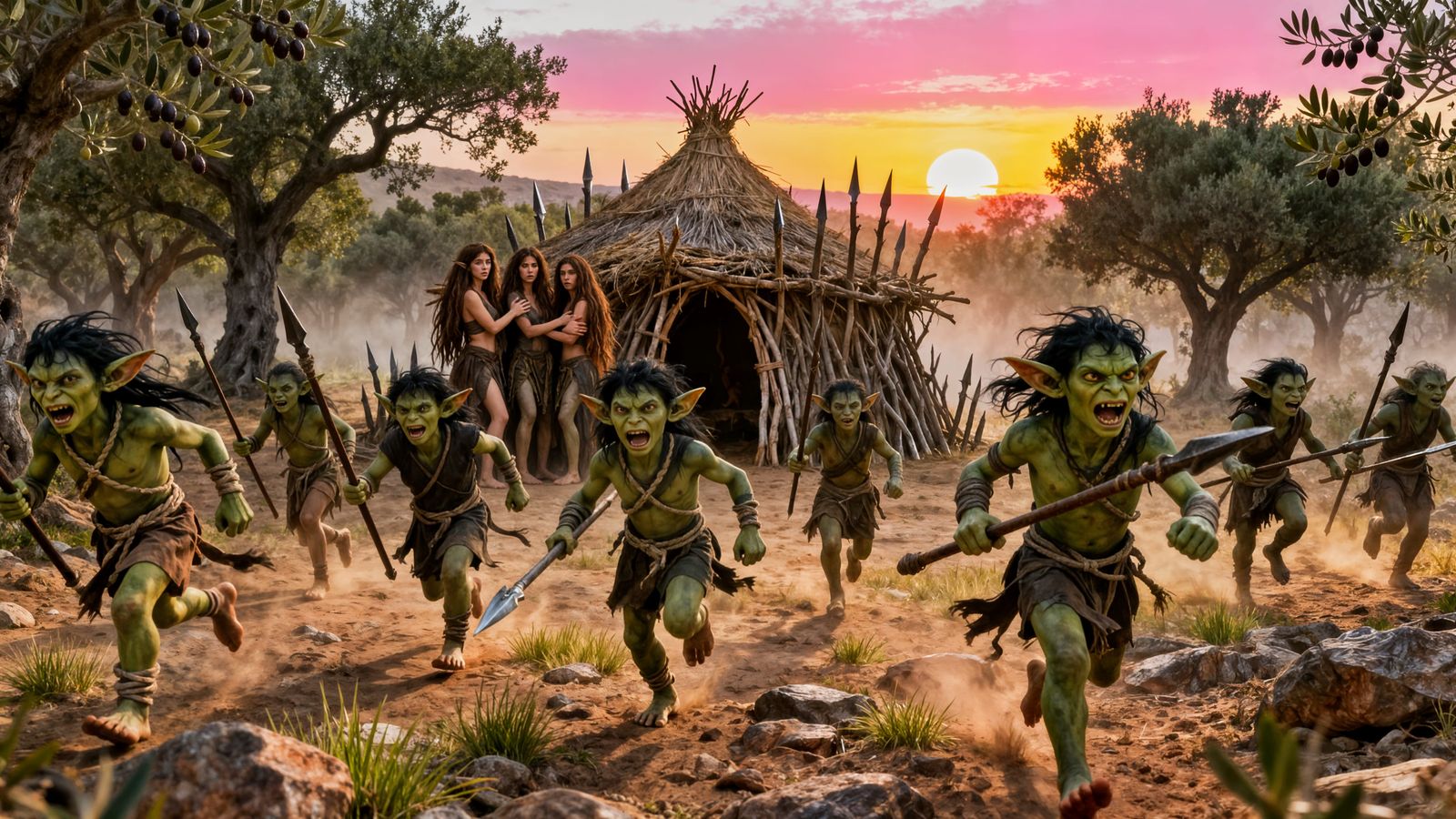Cinematic Goblin Charge in Moroccan Forest Sunrise