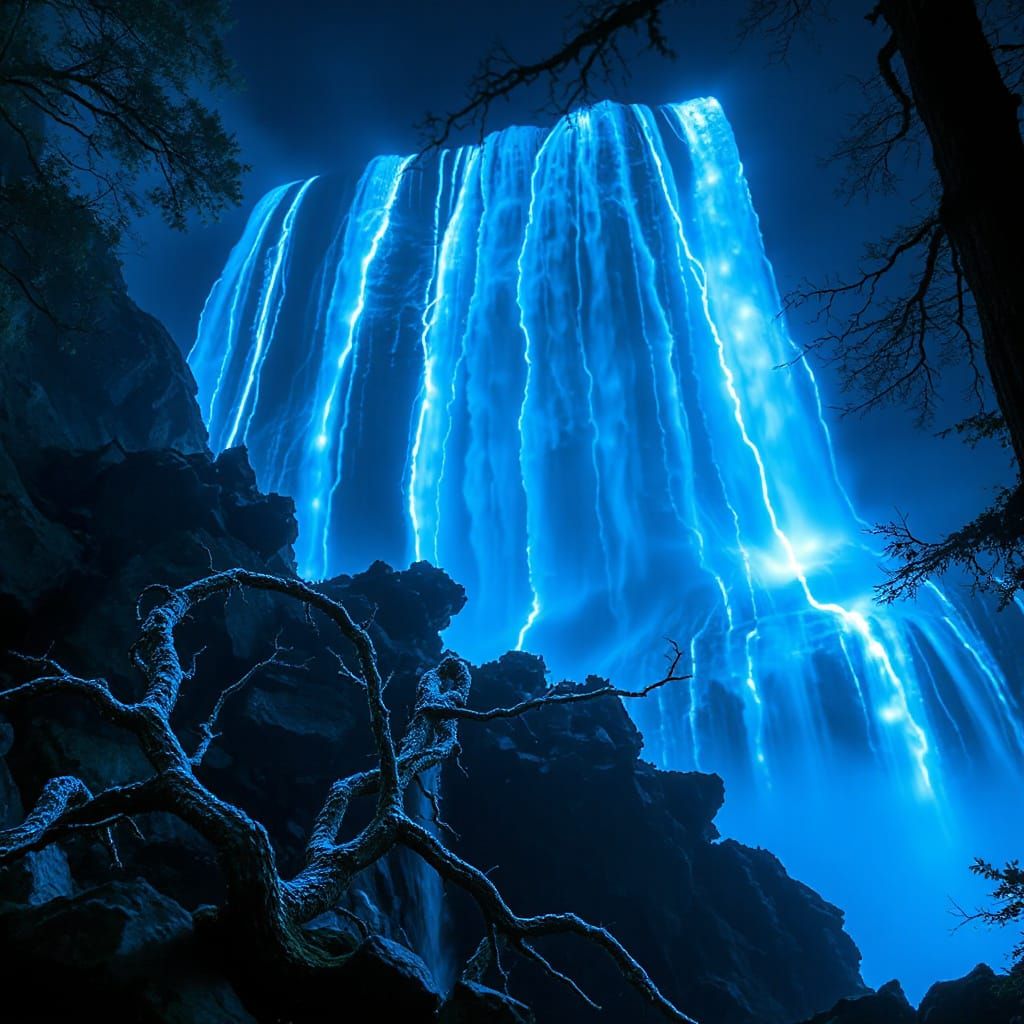 Majestic Bioluminescent Waterfall in Tim Burton Style