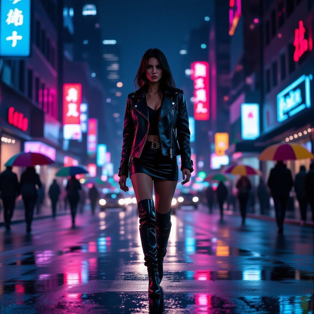 Fashionable Woman in a Neon-Lit Cityscape