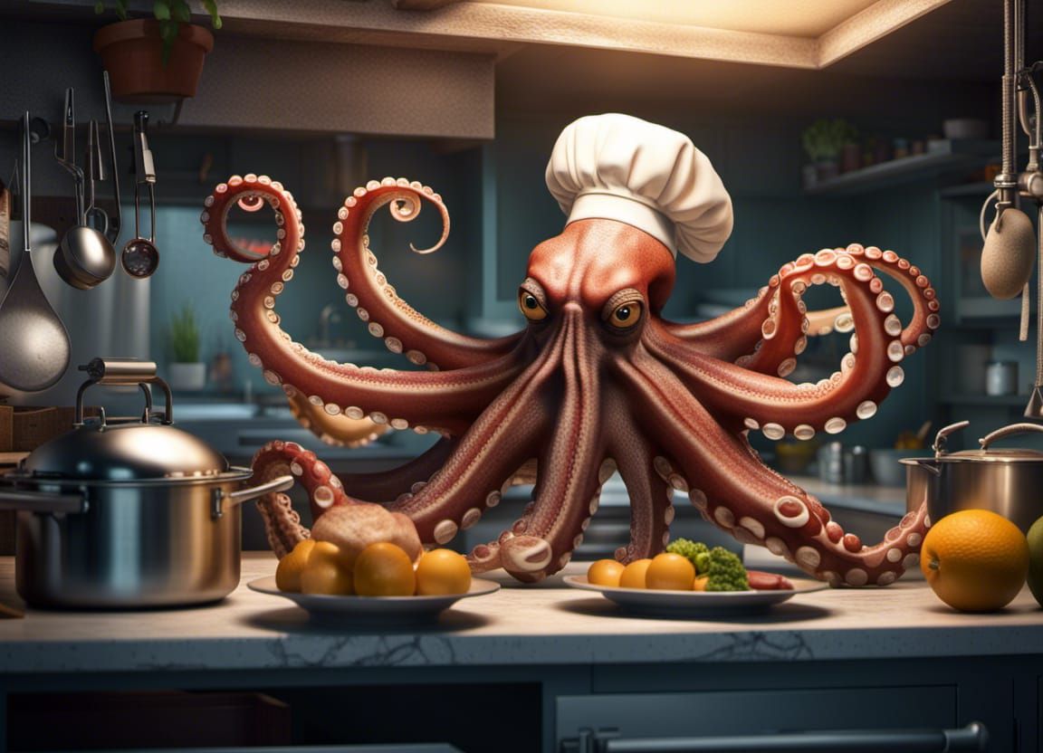 Hyperrealistic Octopus Chef in Kitchen