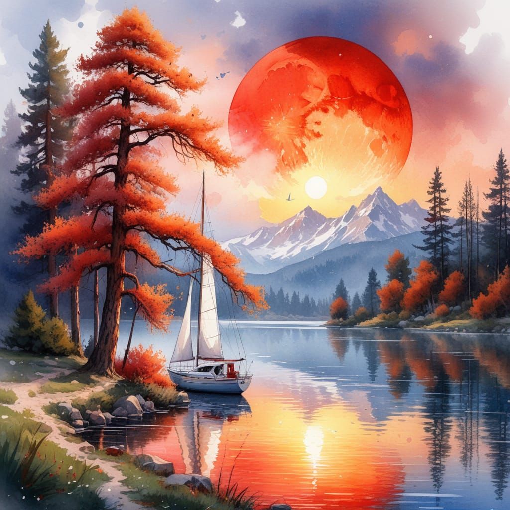 Ethereal Woman by Golden Lake with Sailboat and Mountains