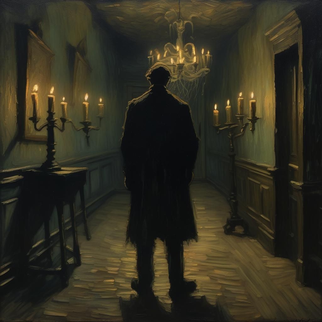 Eerie Figure in Hallway: Atmospheric Oil Painting