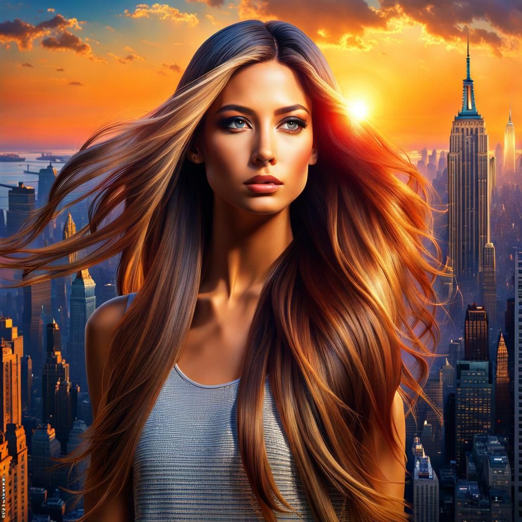 Hyperrealistic Manhattan with Flowing Hair at Sunrise