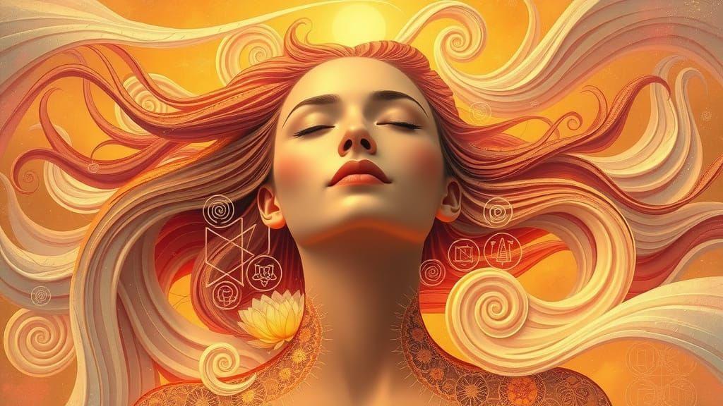 Surreal Goddess Surrounded by Swirling Forms in Warm Golden ...