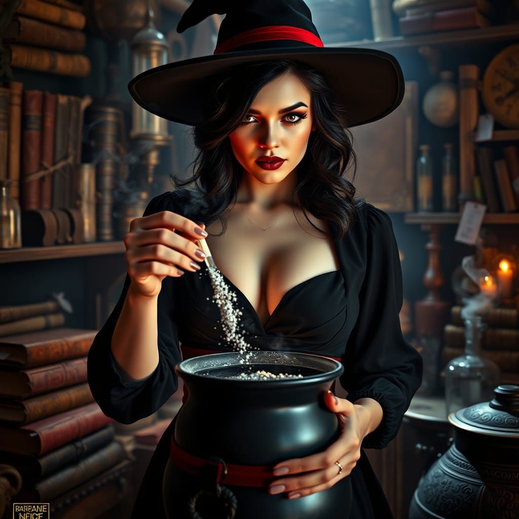 Spellbound Witch Weaves Enchanting Magic in Dimly Lit Chambe...