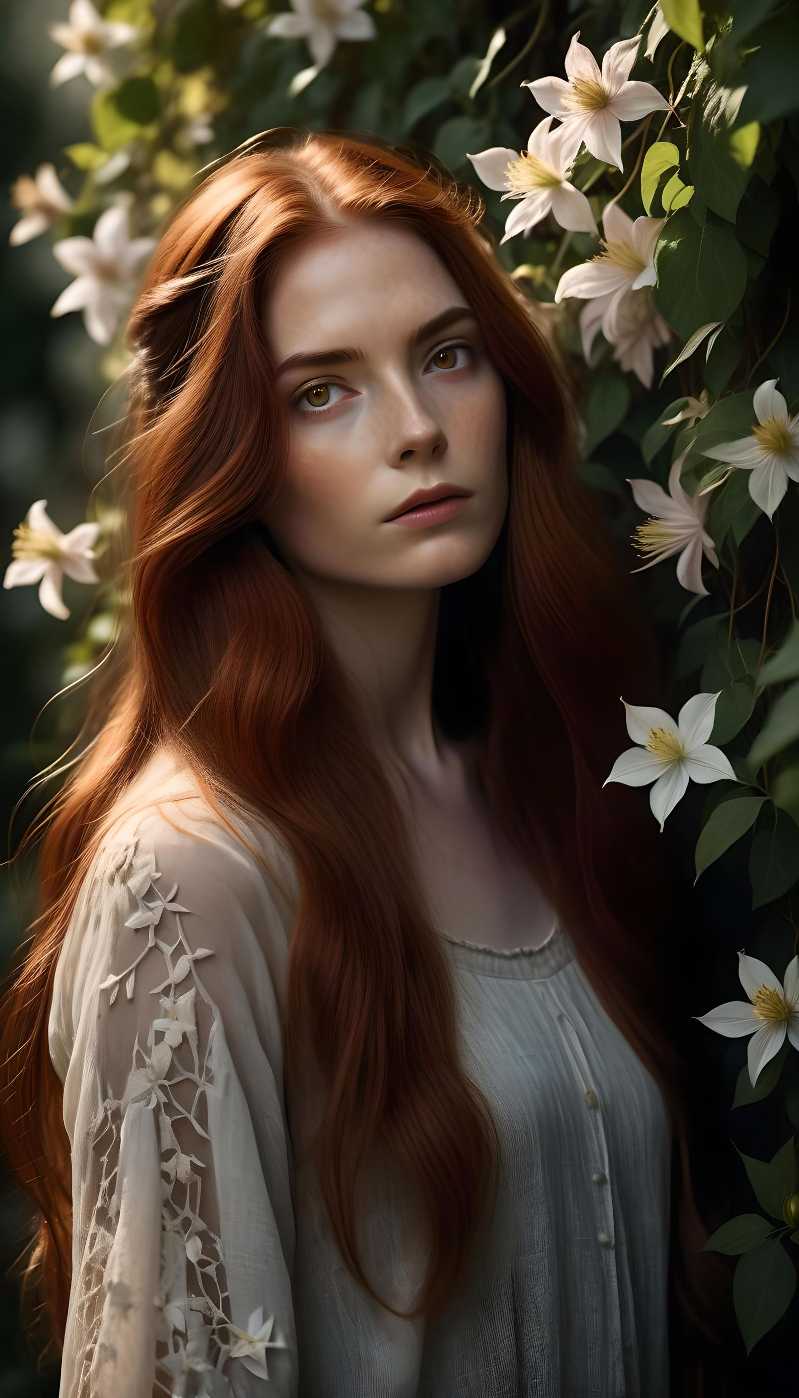 Auburn Beauty Surrounded by Clematis in Magical Realism