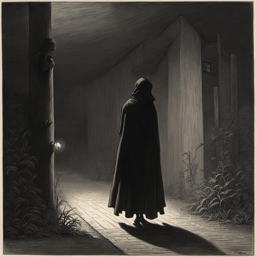 Eerie Shadow Girl Stalks Man: Horror Illustration