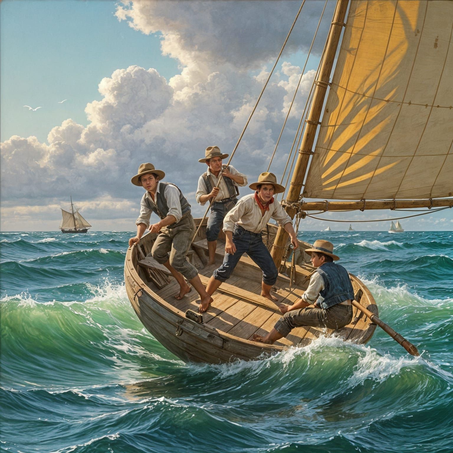 Boys Sailing Wooden Boat on Choppy Seas 19th Century Style