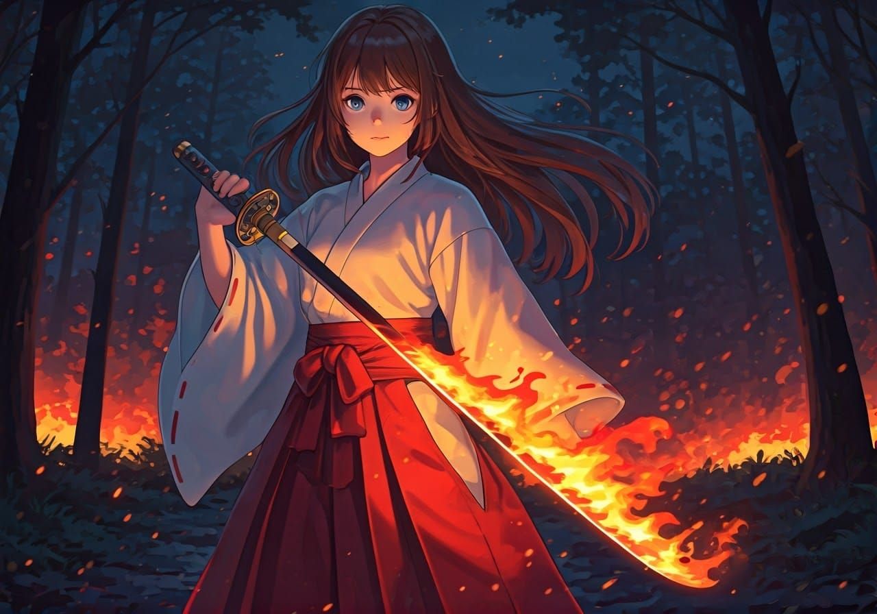 Anime Shrine Maiden with Fire Katana