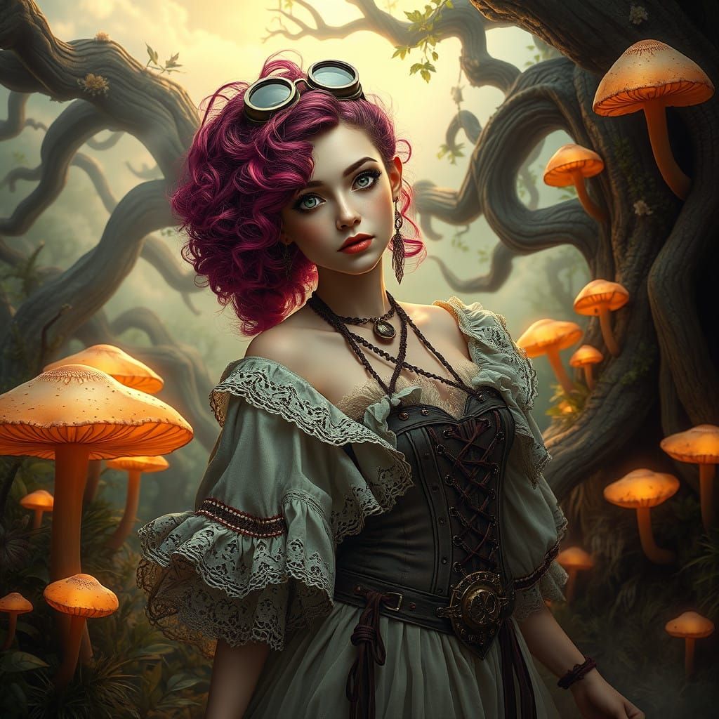 Whimsical Steampunk Goddess Among Iridescent Mushrooms