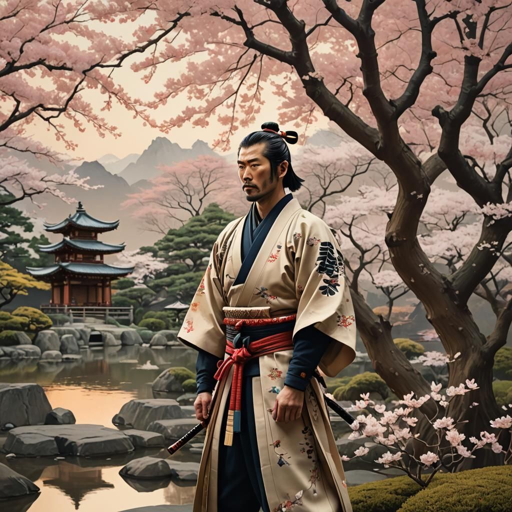 Samurai in Japanese Garden, Ukiyo-e Style