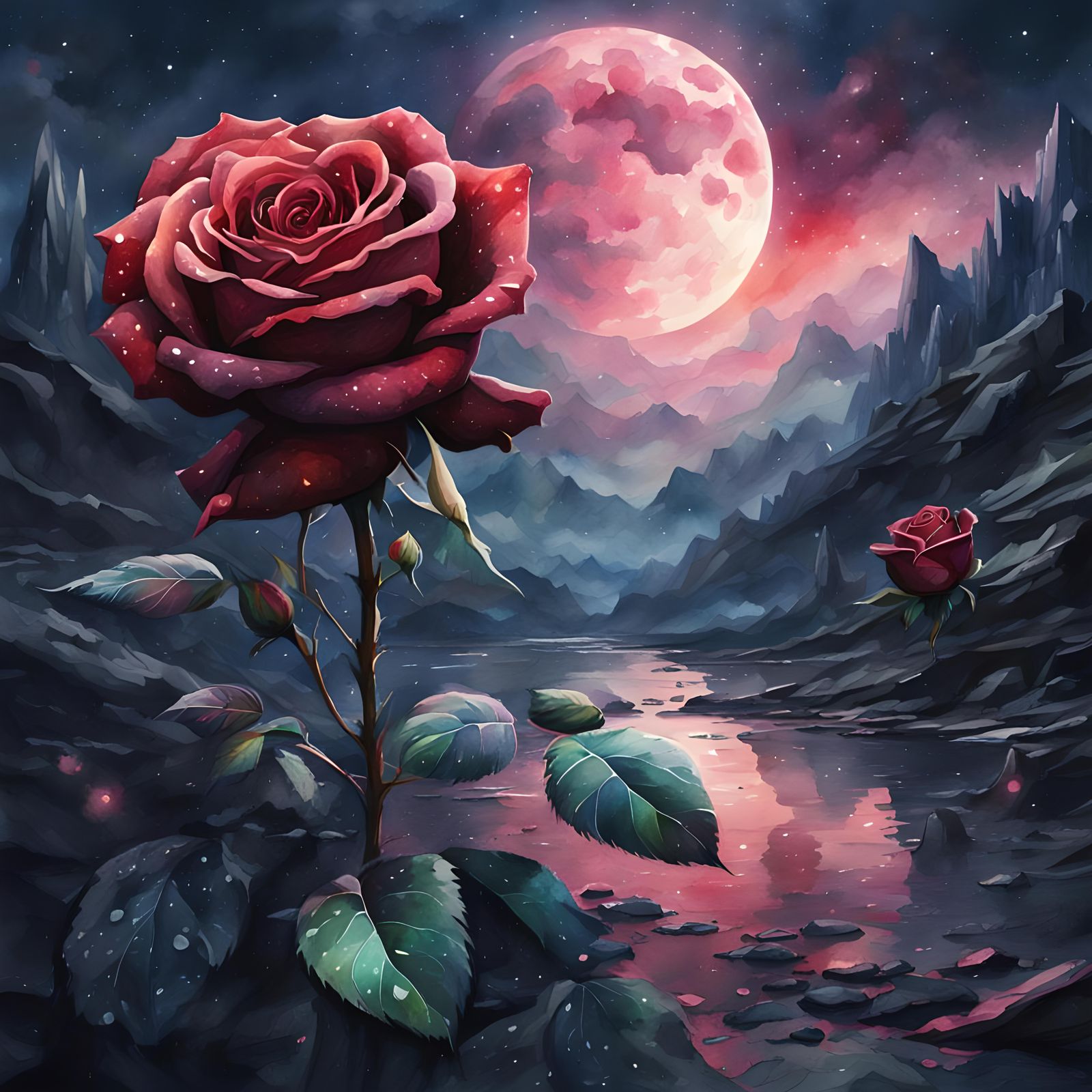Dark::moody::watercolor style::beautiful::cosmic rose::water...