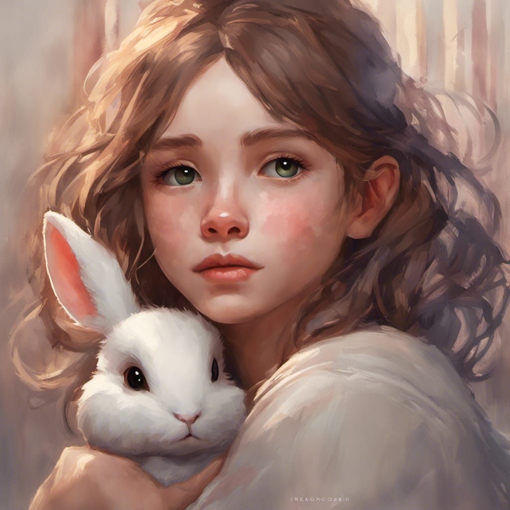Romantic Portrait of Girl with Bunny, Hyperdetailed Art