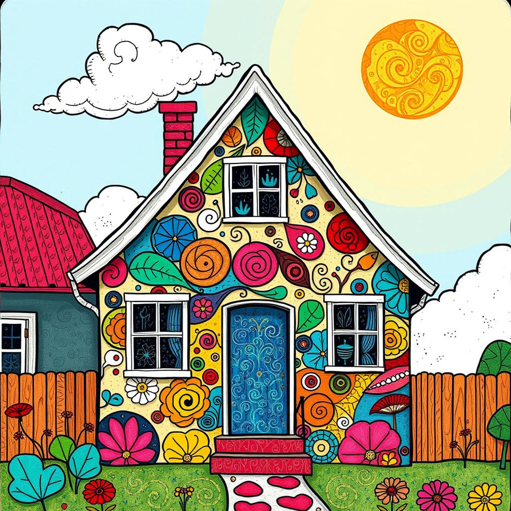 Whimsical House Exterior with Colorful Doodles