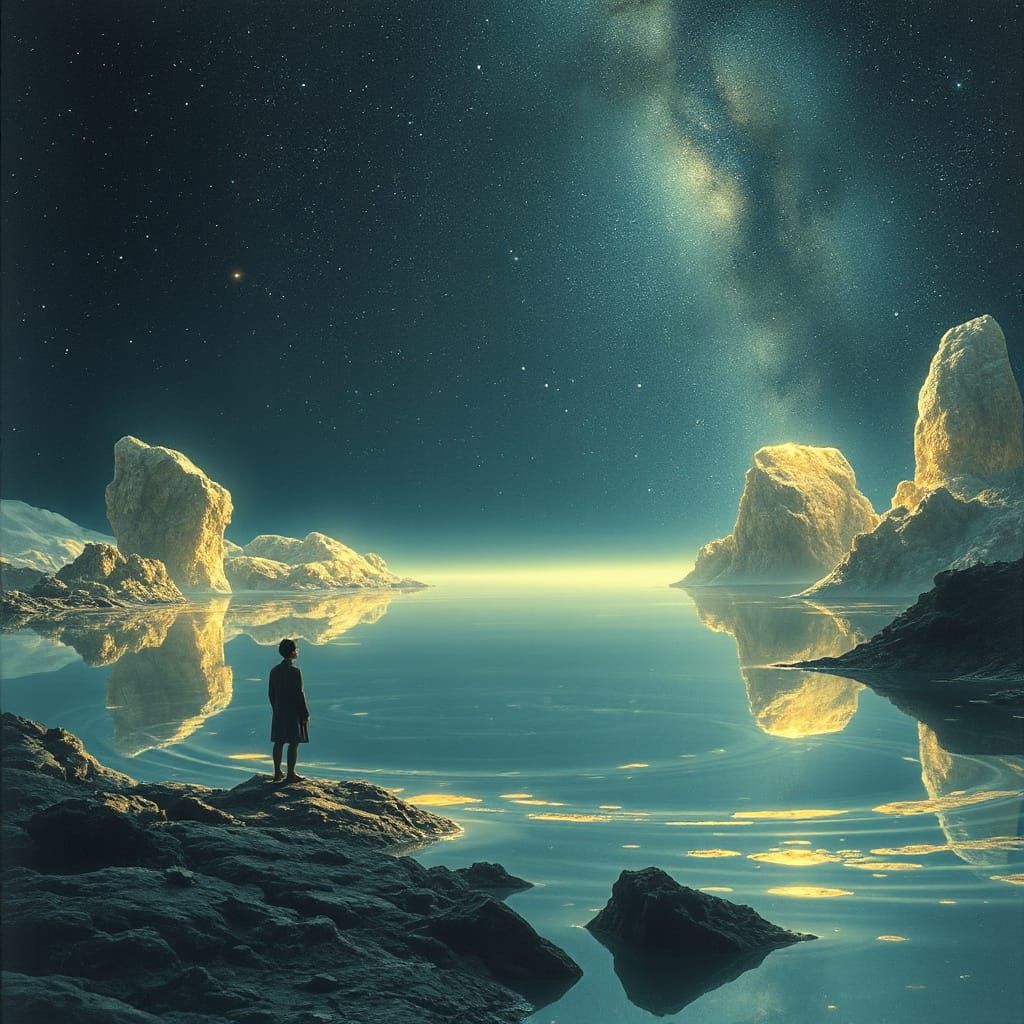 Ethereal Figure at Cosmic River's Edge