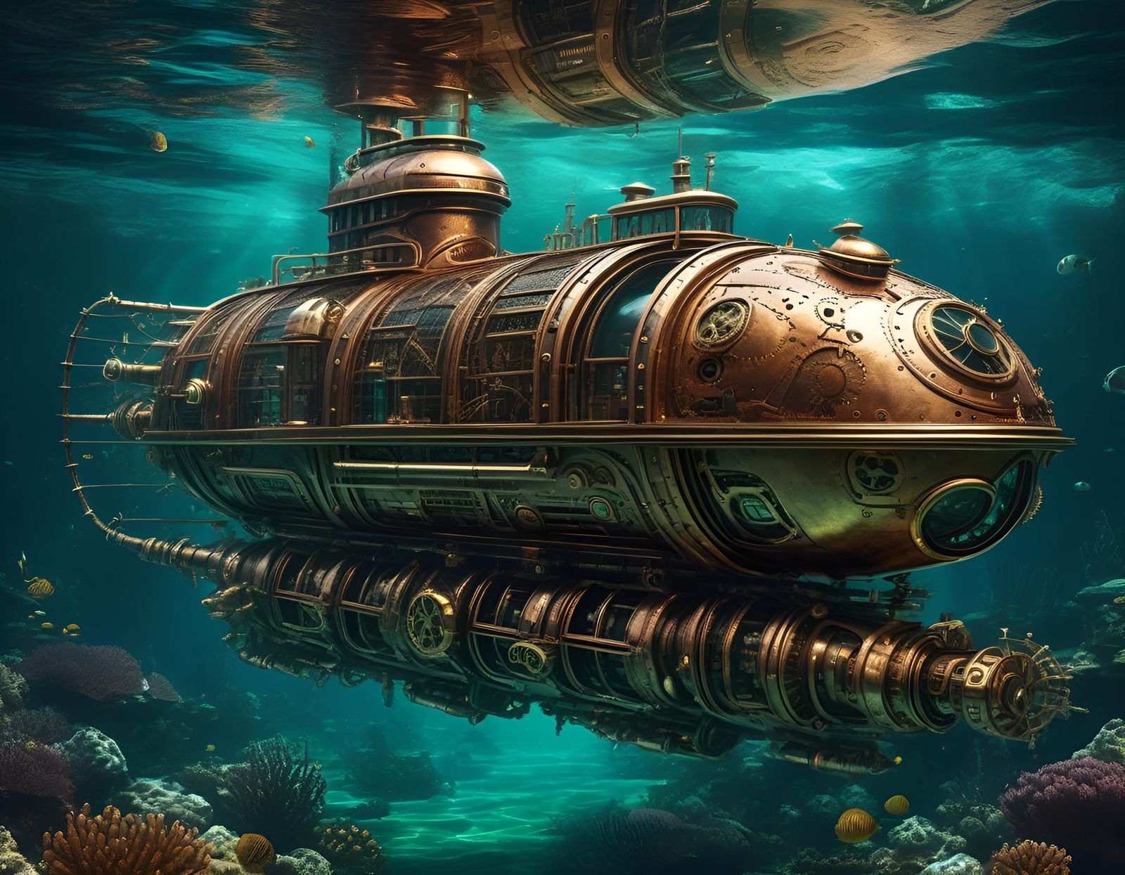 Sci-Fi Steampunk U-Boat Underwater Digital Art