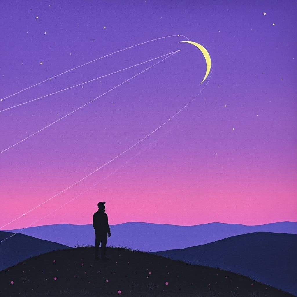 Celestial Moon Drawing in Violet Night Sky