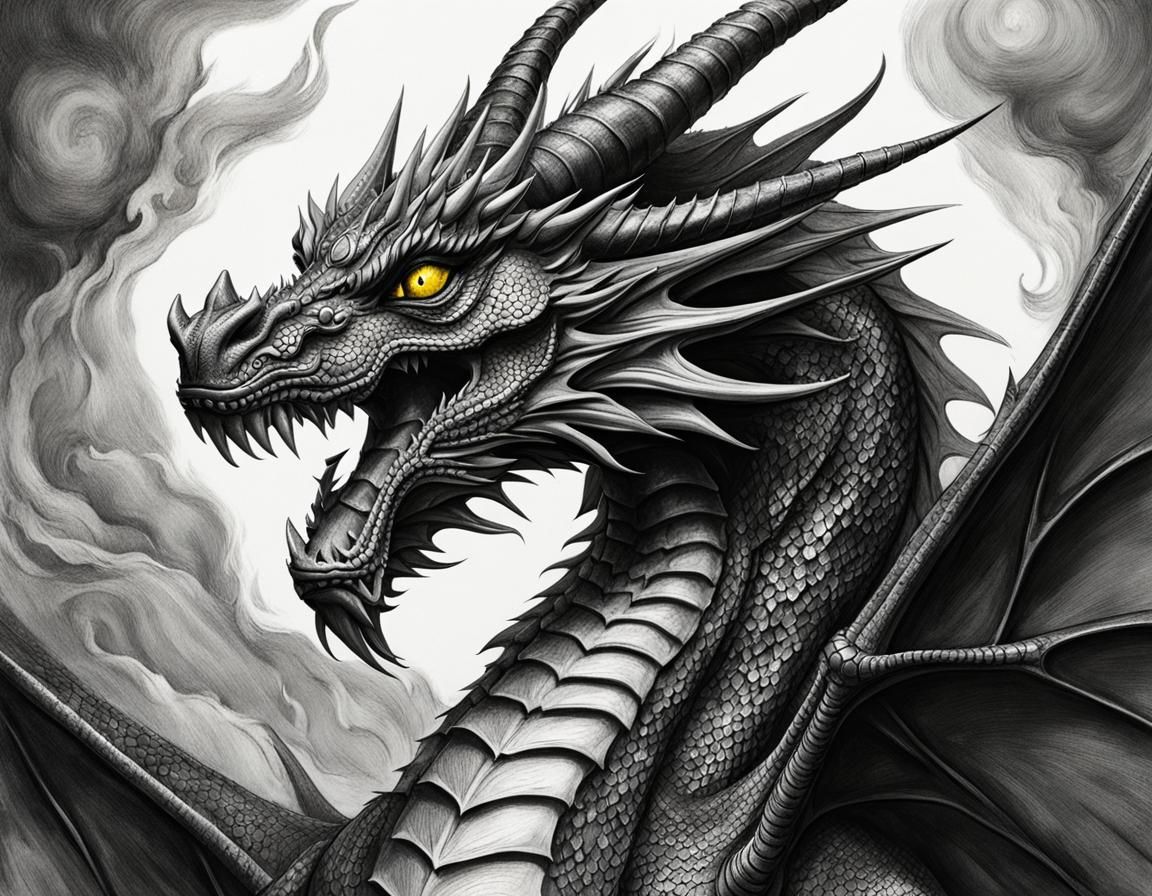 Dragon Pencil Sketch with Yellow Fire