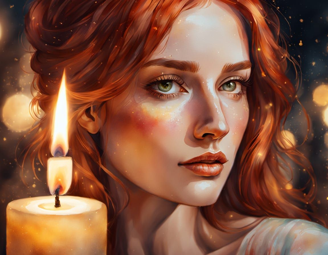 Red-Haired Woman in Candlelight: Hyperrealistic Watercolor P...