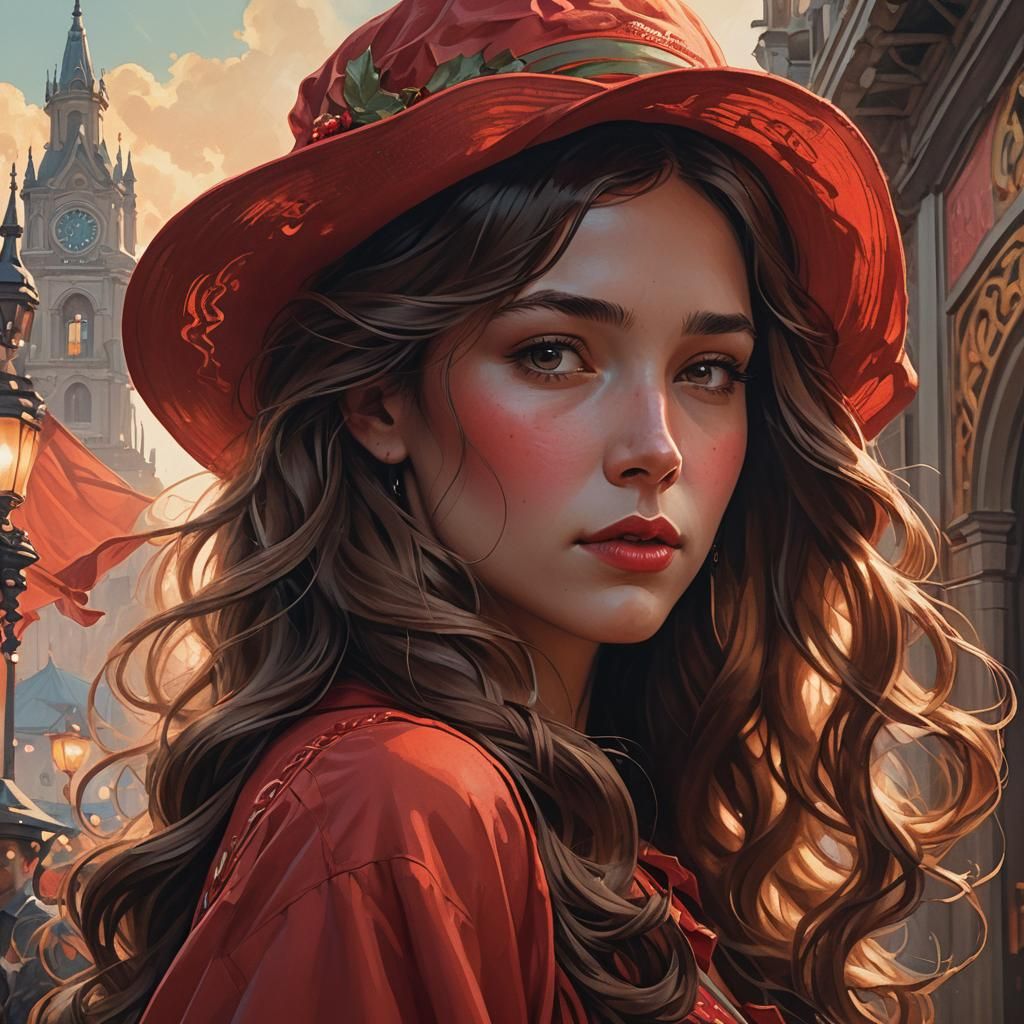 1950s Woman in Red Hat, Art Nouveau Portrait