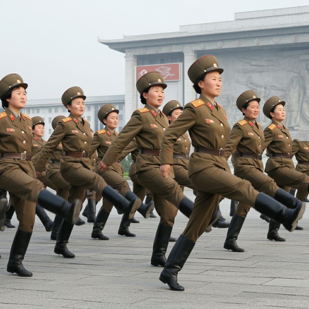 Female North Korean Soldiers Marching in Perfect Formation